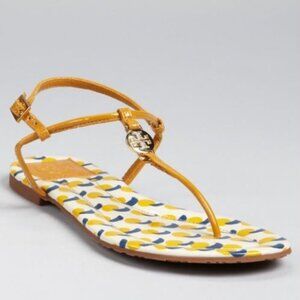 Tory Burch Emmy Thong T Strap Leather Sandals Ballet Flats Patent Graphic Print